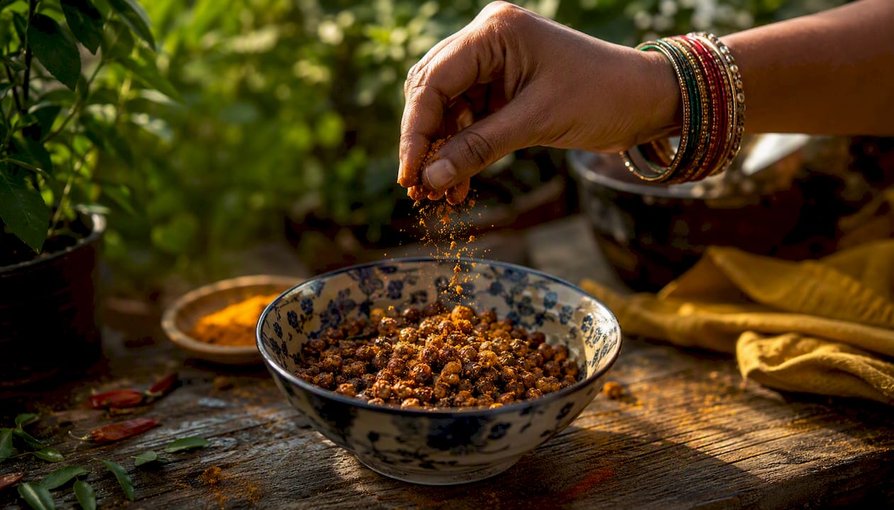 Hand sprinkling spiced roasted chana over bowl