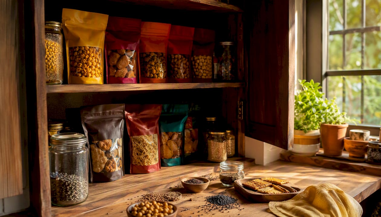 Close-up of vibrant desk snack packs with Indian spices
