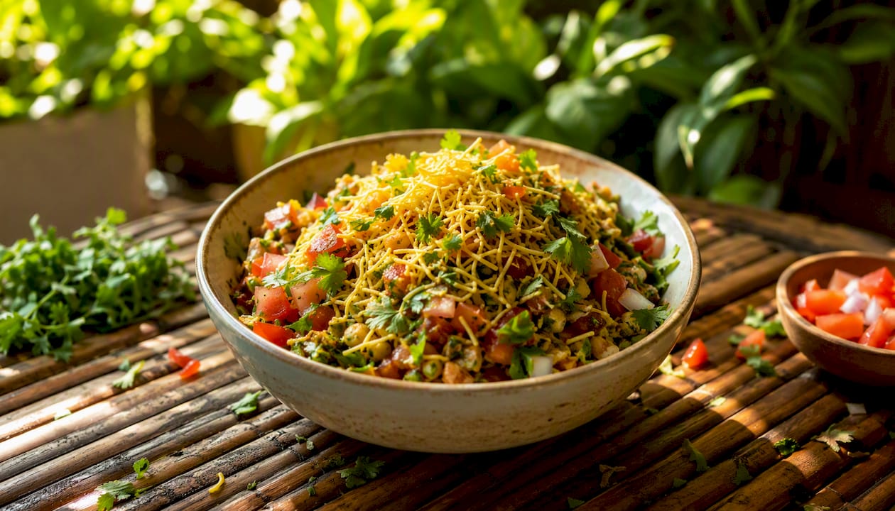 Close-up of chaat topped with crispy bhujia
