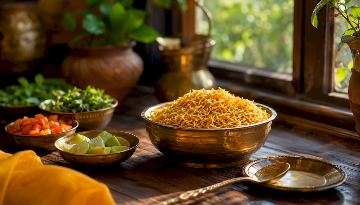 Bhujia in bowl ready for serving on table