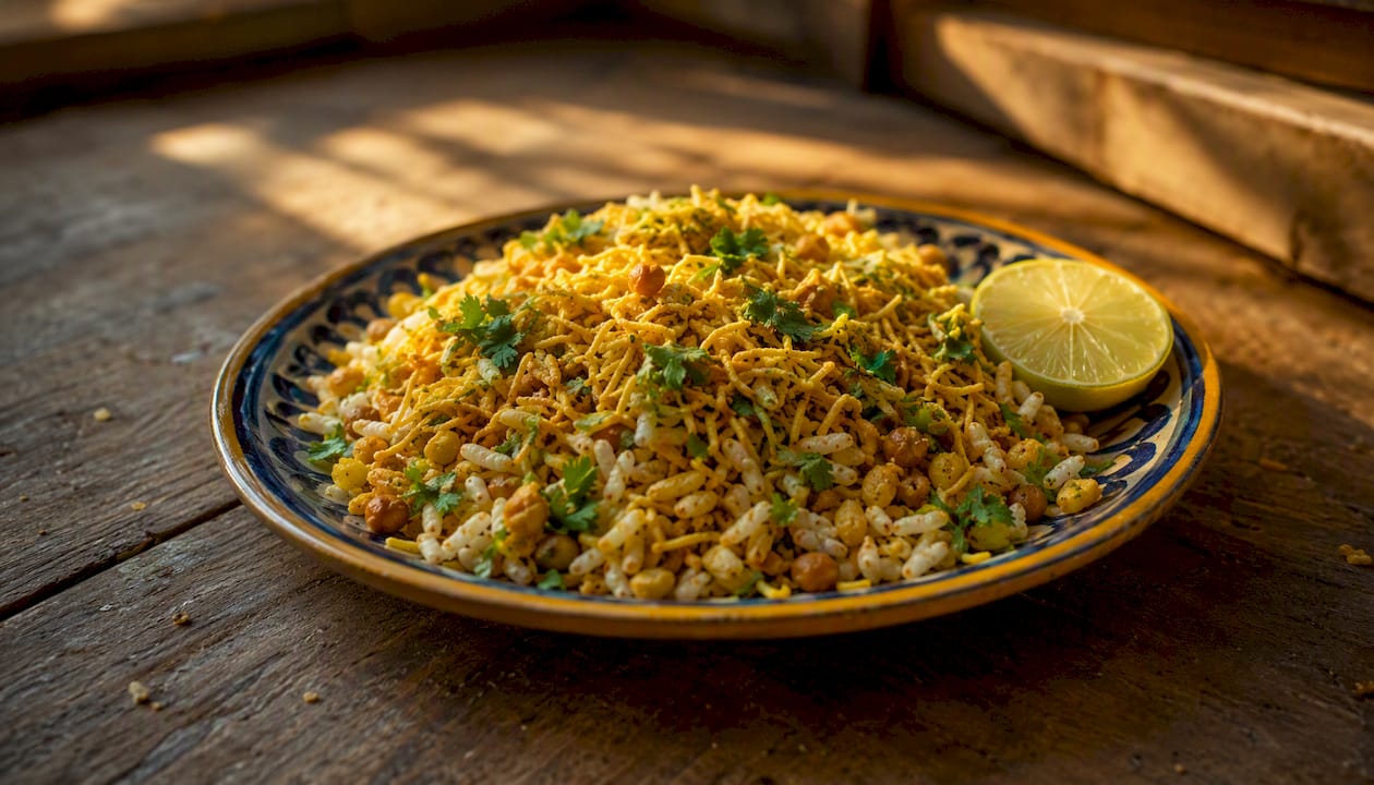 Plate of sookha bhujia bhel snack close-up