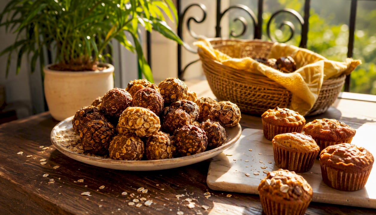 Assortment of homemade energy balls and mini muffins