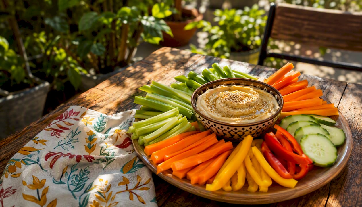 Vegetable sticks and hummus dip on kitchen counter