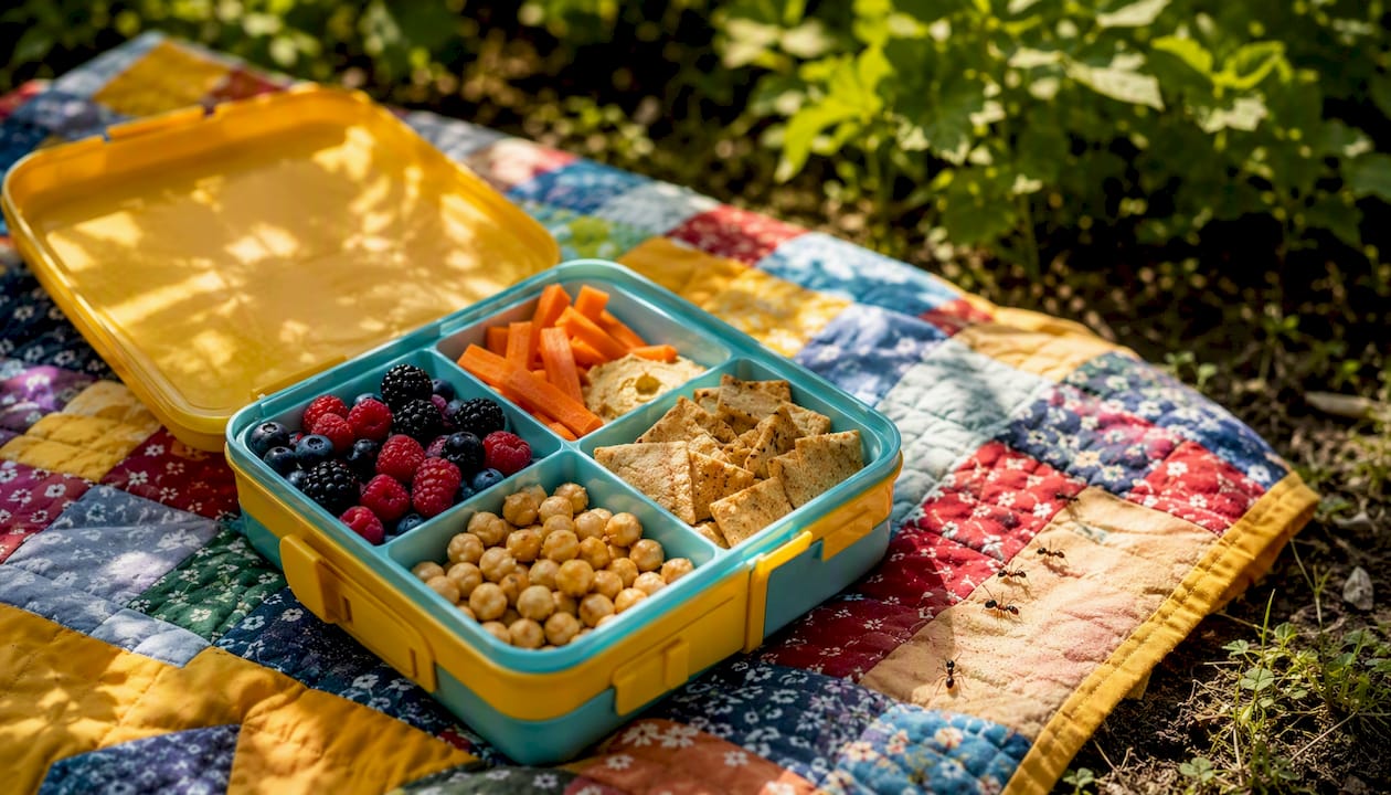 Open school lunchbox with colorful healthy snacks