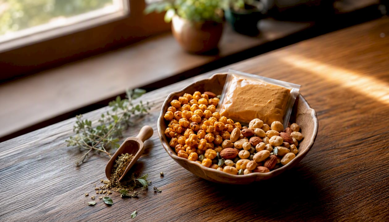Tray with roasted chickpeas, nuts, and nut butter packet