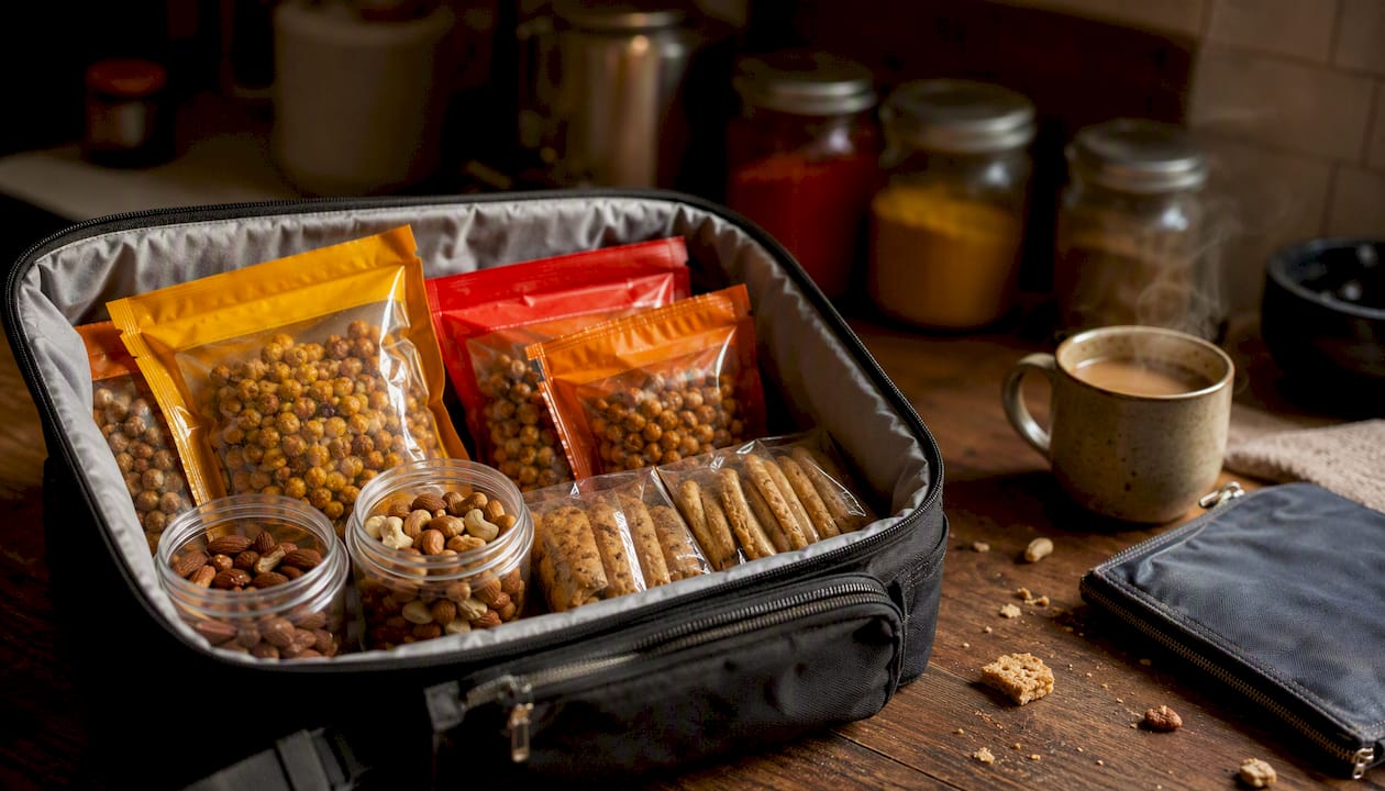 Overhead view of office bag with non-perishable snacks