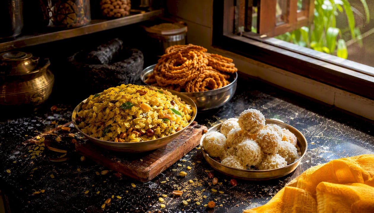 Assortment of Indian homemade-style snacks on counter