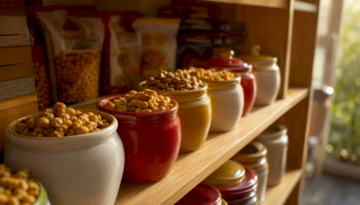 Pantry shelf arranged with healthy snacks
