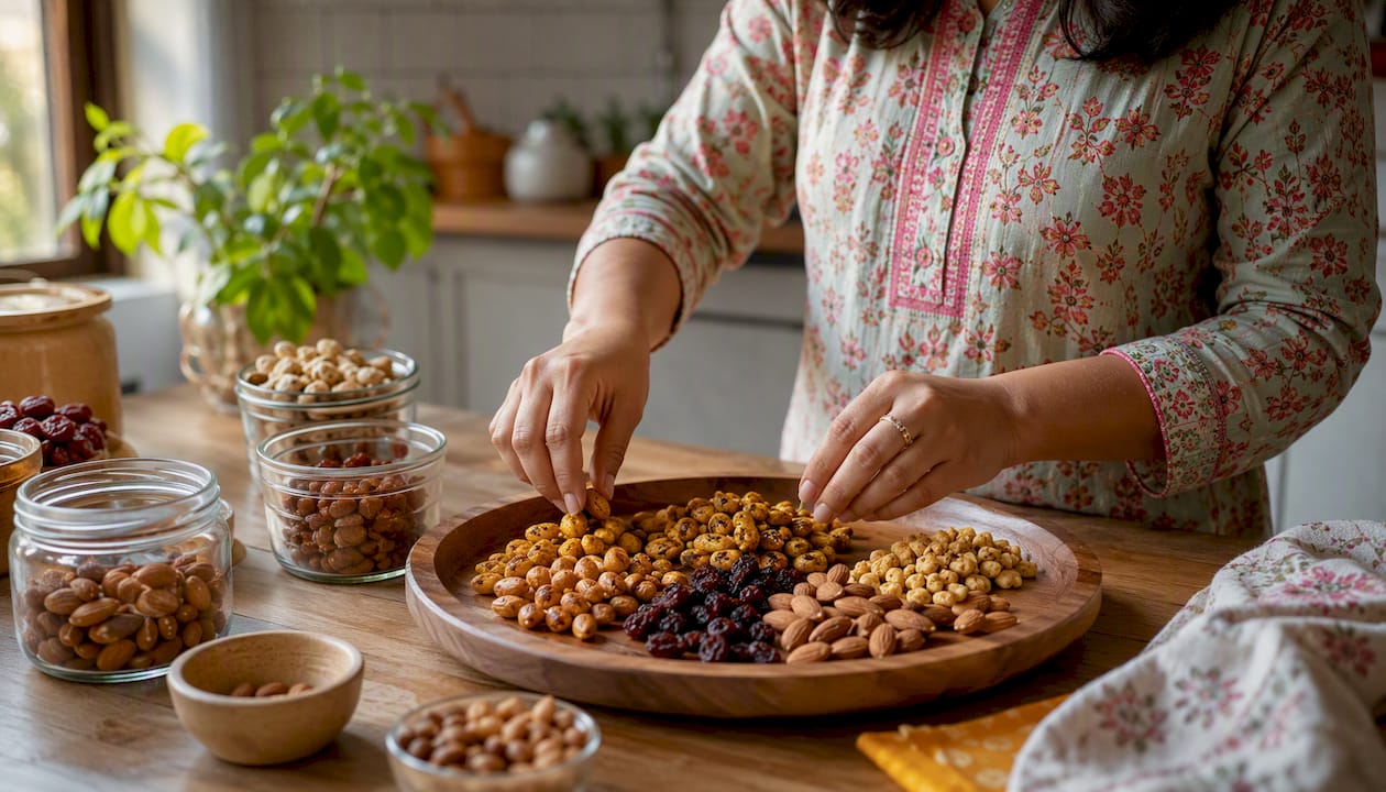 Hand plating homemade Indian snacks on dish