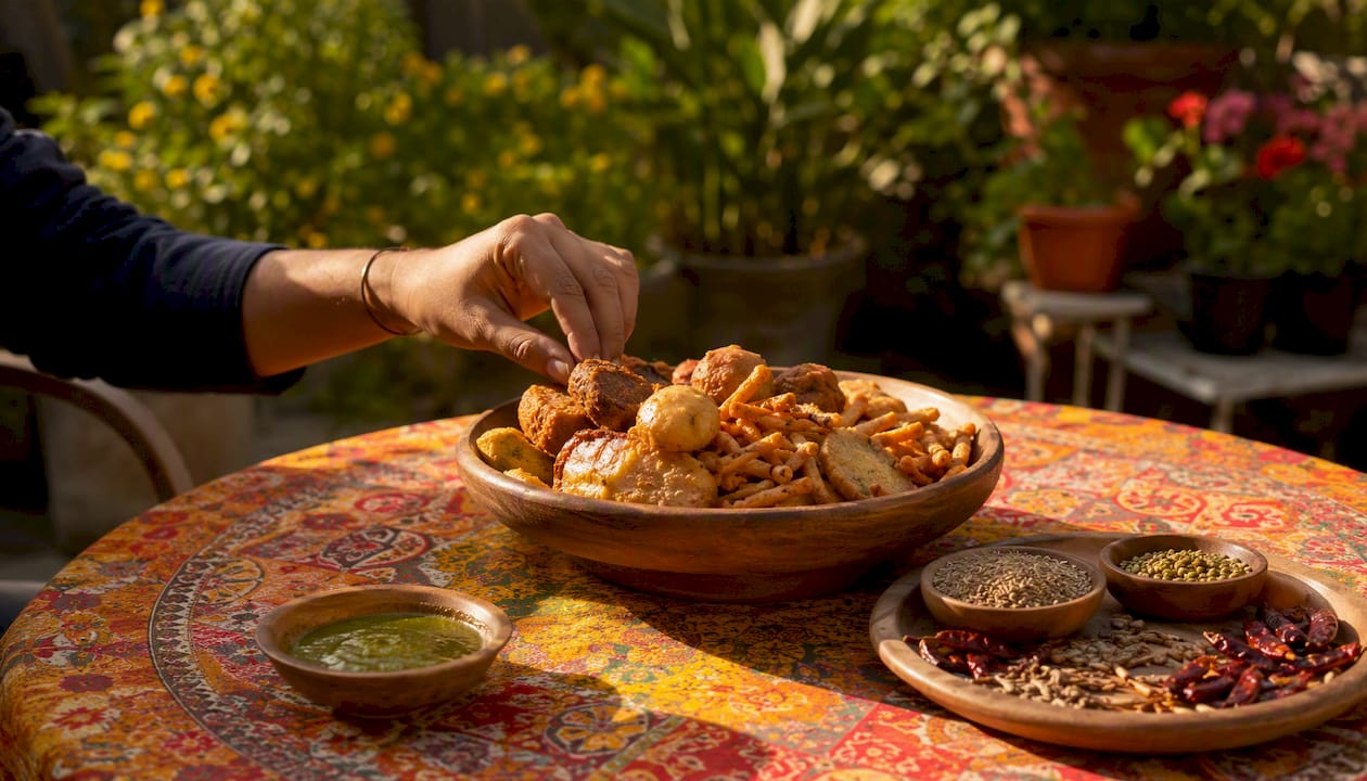Close-up of hand picking baked Indian snack