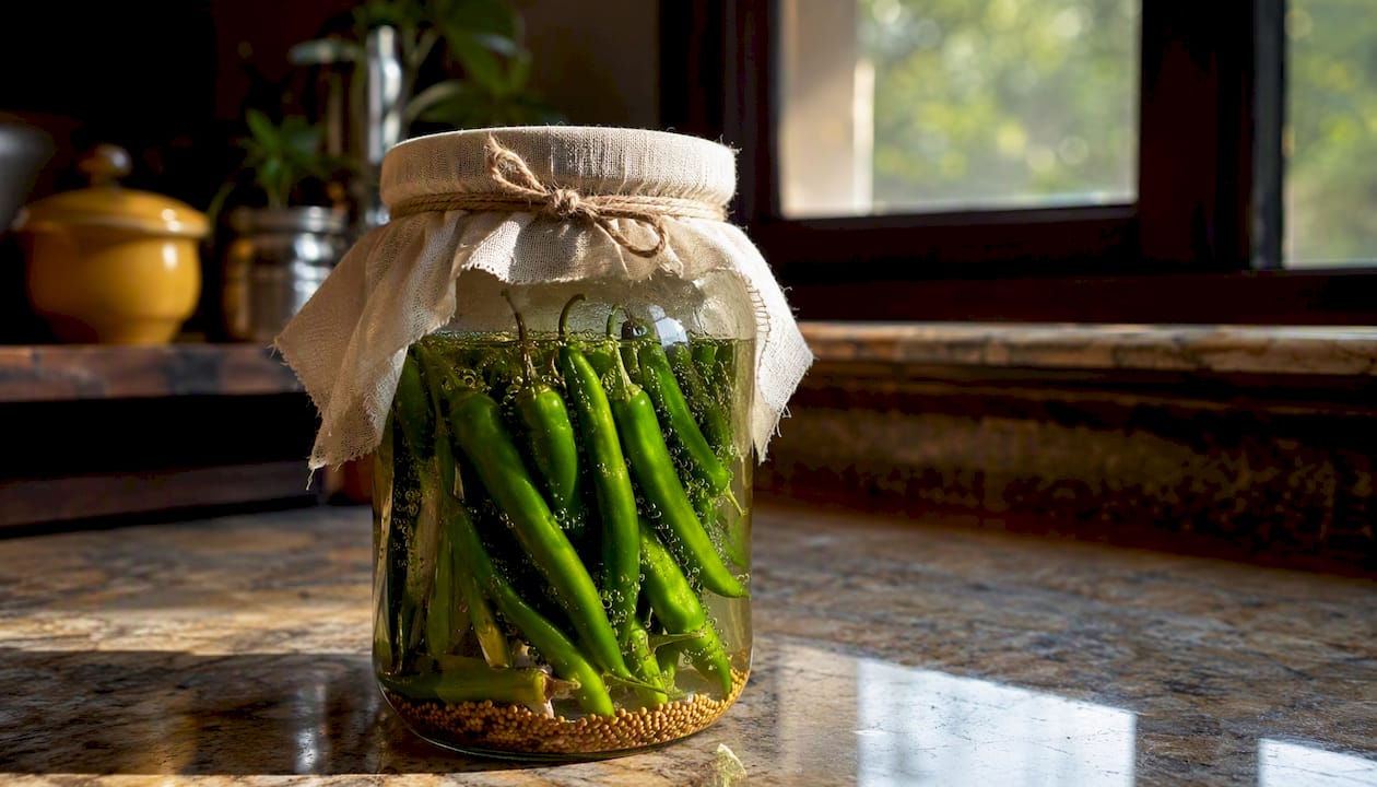Glass jar of green chili achar fermenting