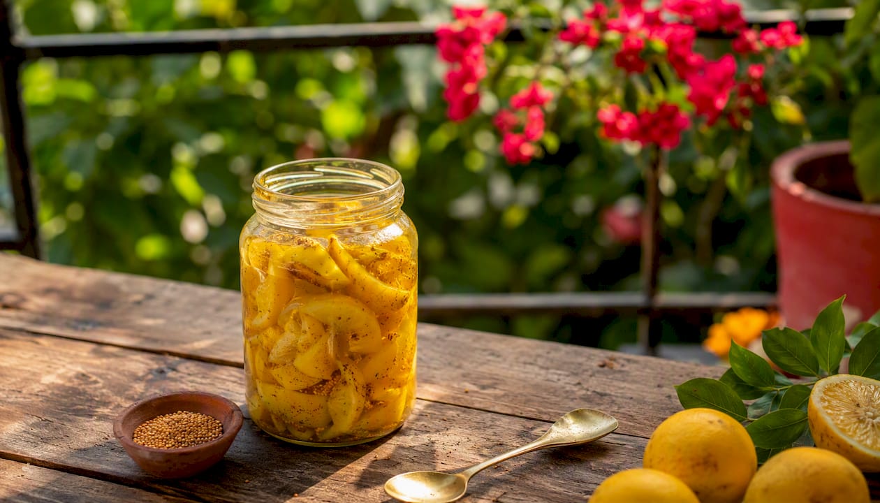 Jar of homemade fermented Indian lemon pickles