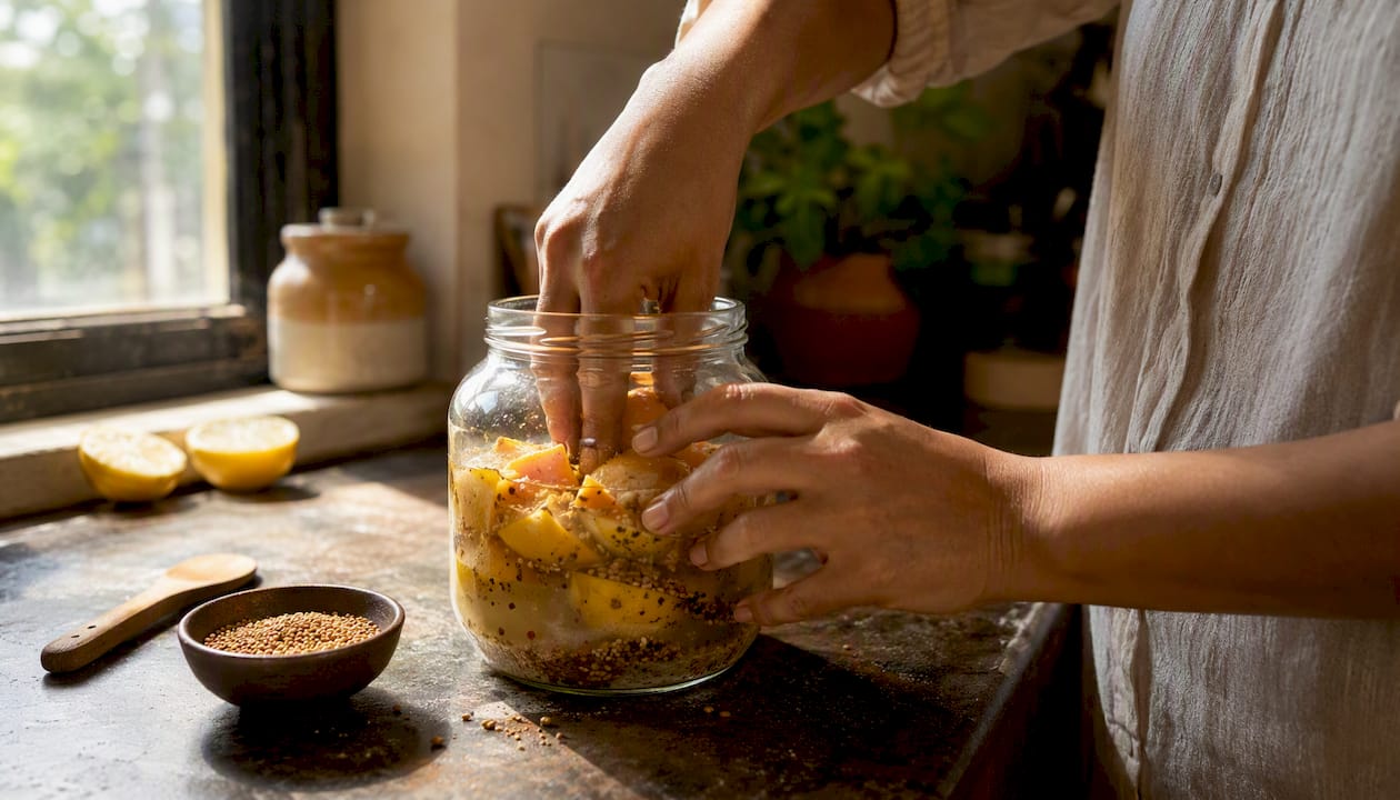 Hands packing lemons into jar for fermented achar