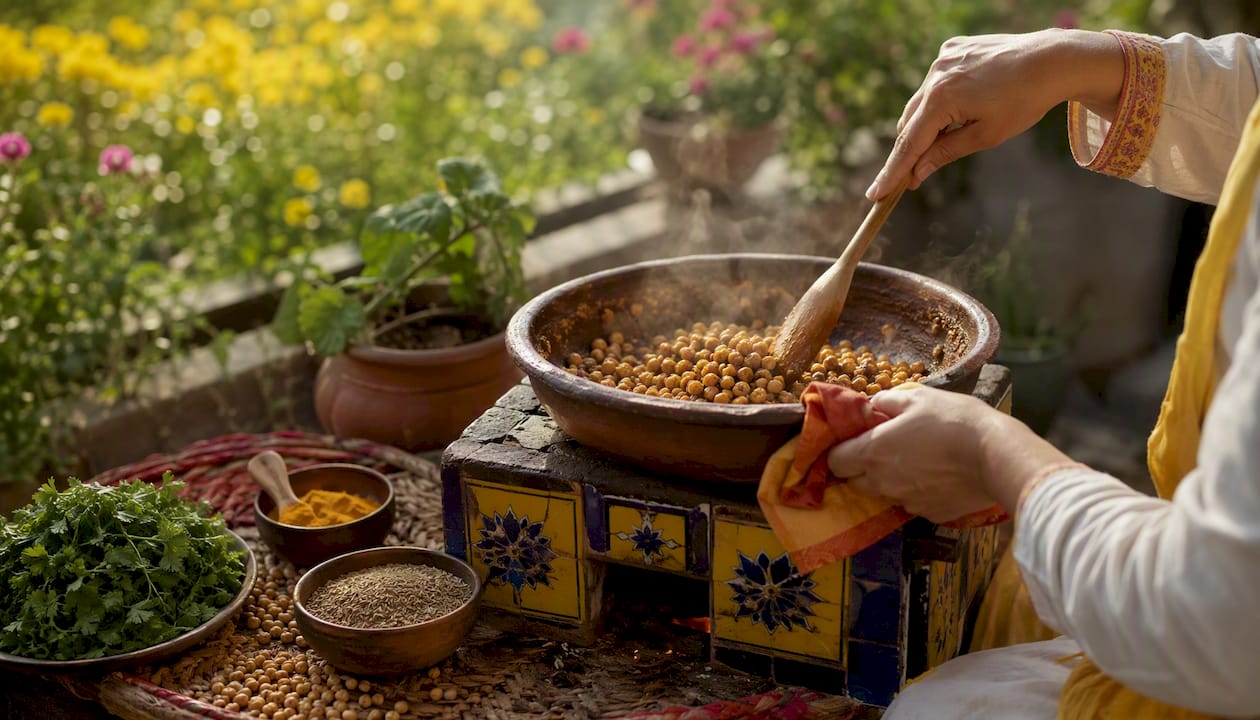 Hands roasting chickpeas with spices