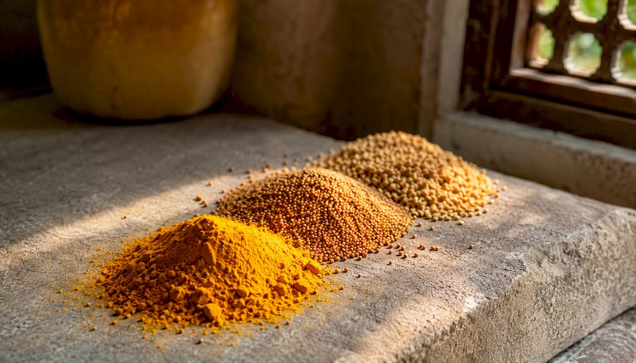 Turmeric, mustard seeds, and fenugreek on wooden board