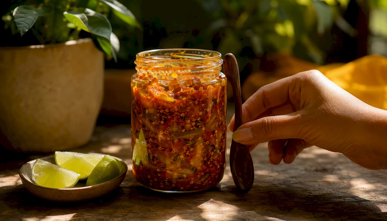 Open jar of lacto-fermented Indian pickle with spices