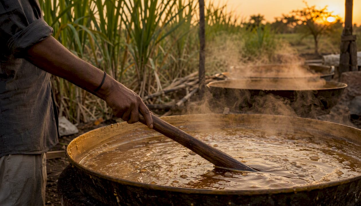 Hands stirring jaggery syrup in boiling pan