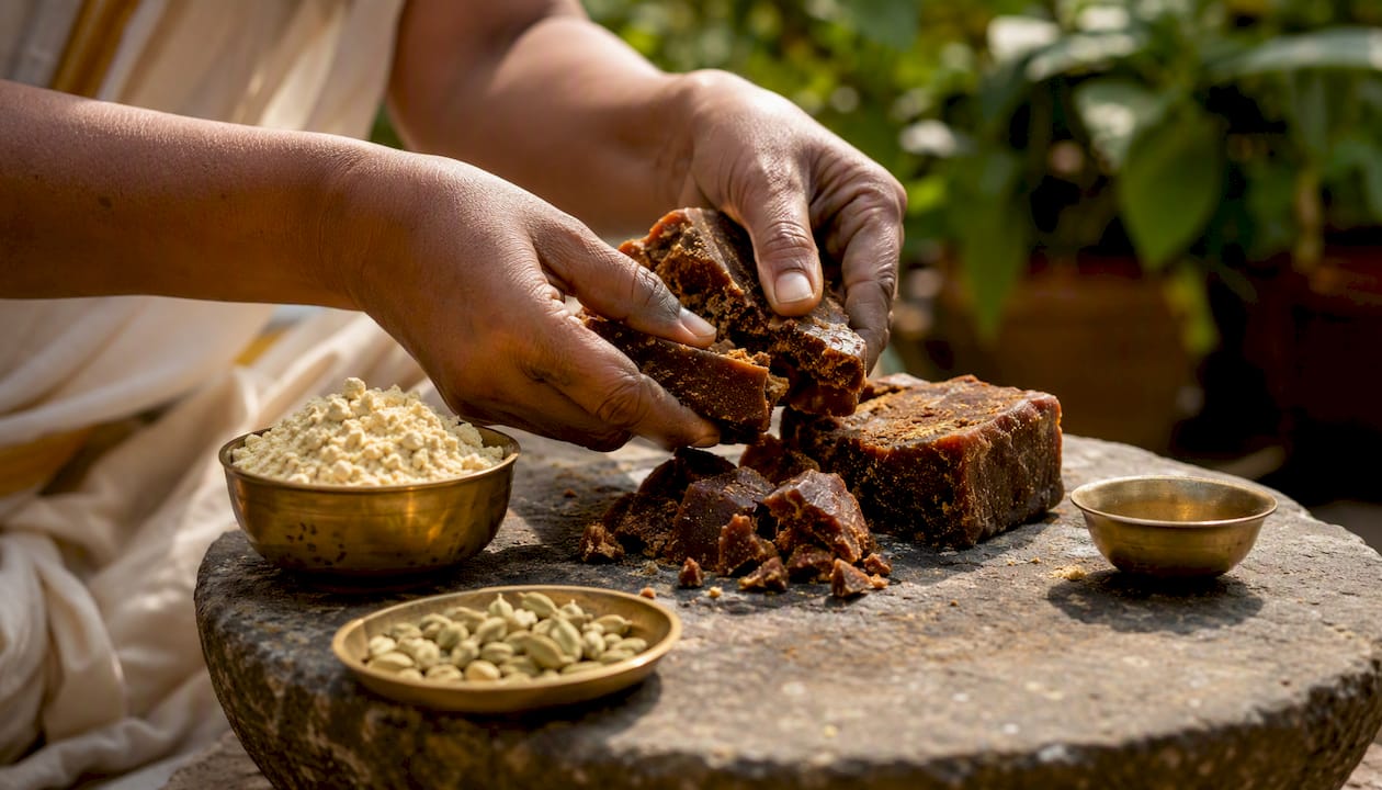 Hands breaking jaggery for Indian sweets preparation