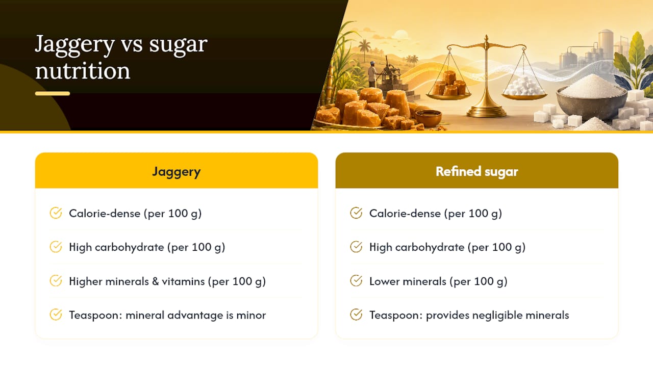 Nutritional comparison chart of jaggery and sugar