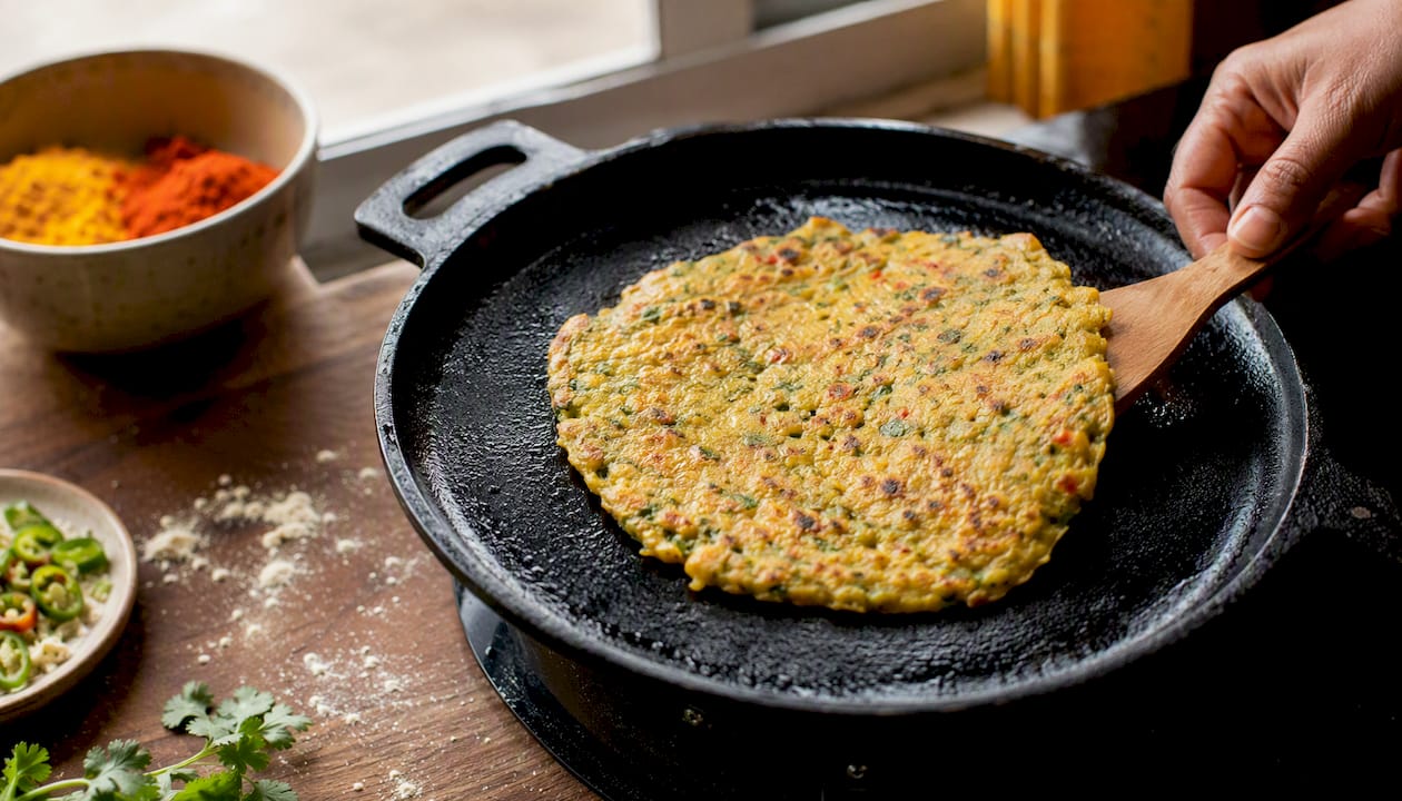 Flipping besan chilla on skillet