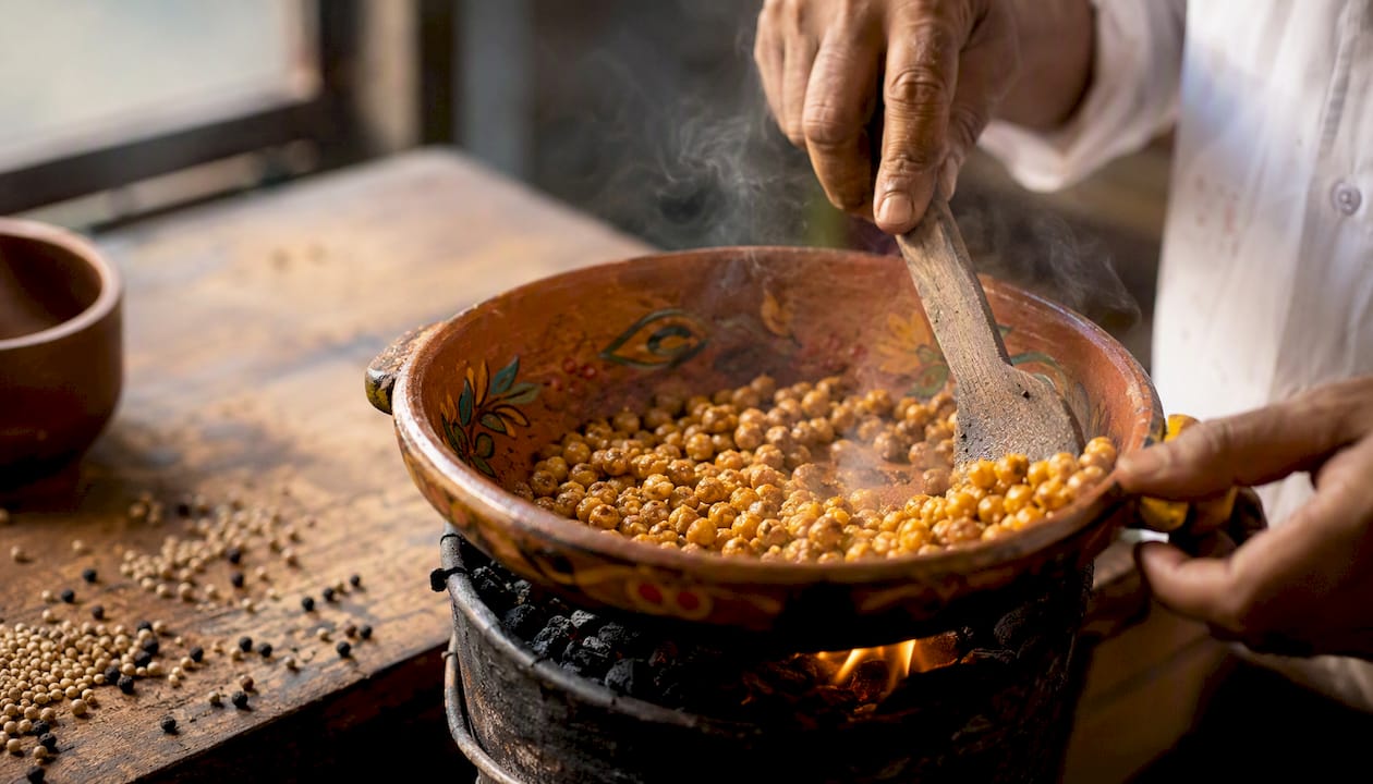Hands stirring roasted chana in skillet