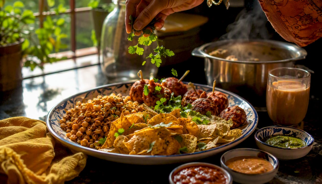 Assortment of gluten-free Indian snacks on wooden board