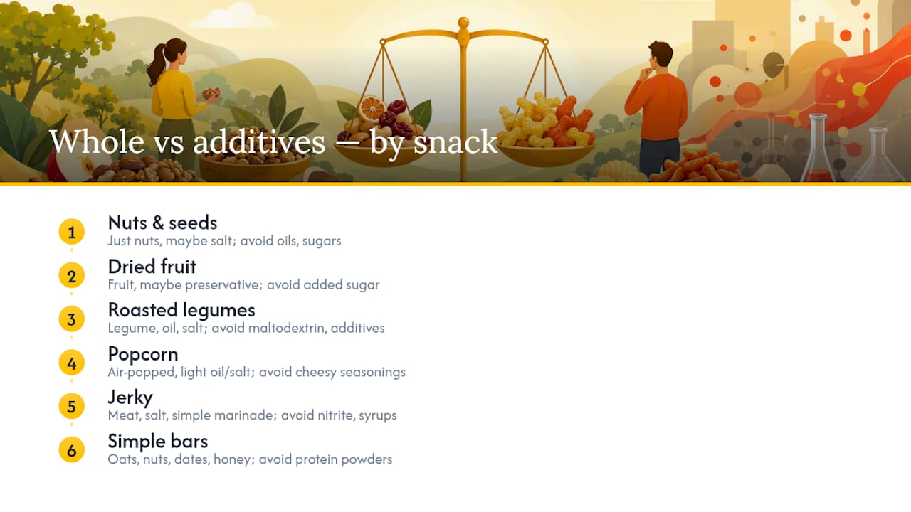 Diagram comparing whole-ingredient vs additive-laden snacks