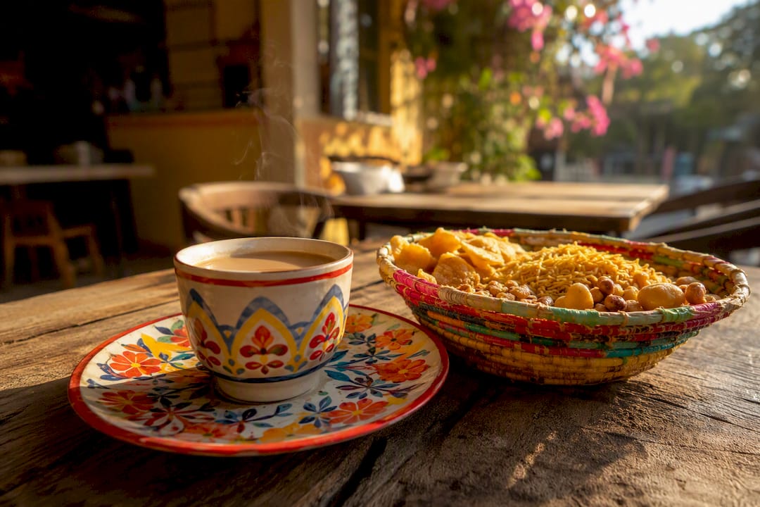 Steaming chai cup with crispy namkeen snack bowl
