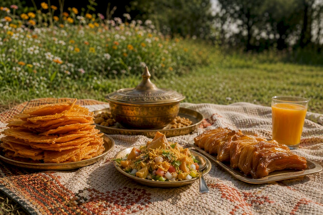Assortment of nostalgic Indian snacks on rustic table