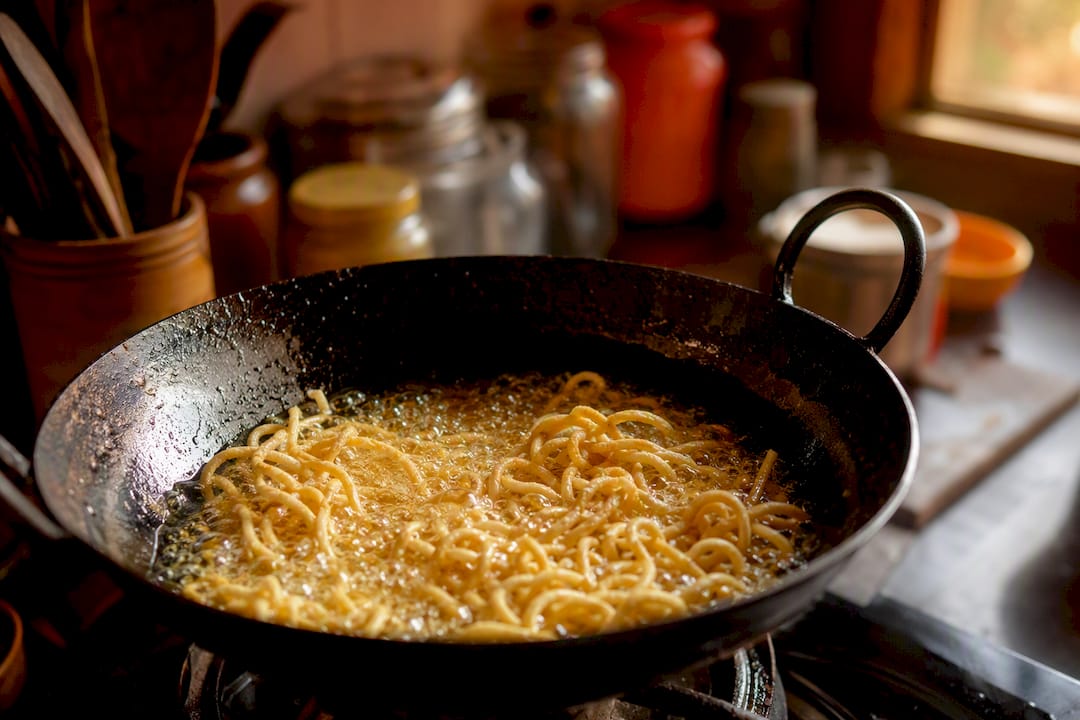 Bhujia strands frying in hot oil in copper pan