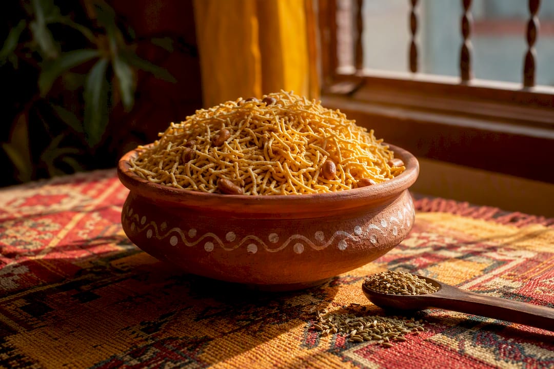 Traditional clay bowl filled with fresh Bikaneri bhujia