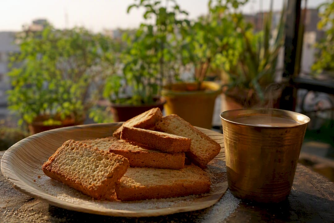 Fresh homemade suji rusk on wooden board