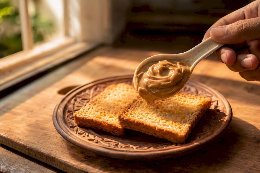 Peanut butter spoon above suji rusk pieces