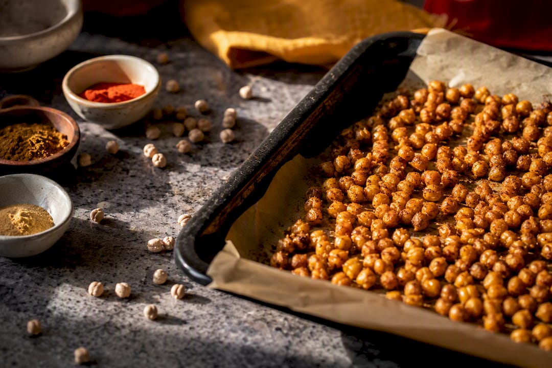 Tray of roasted spiced chickpeas