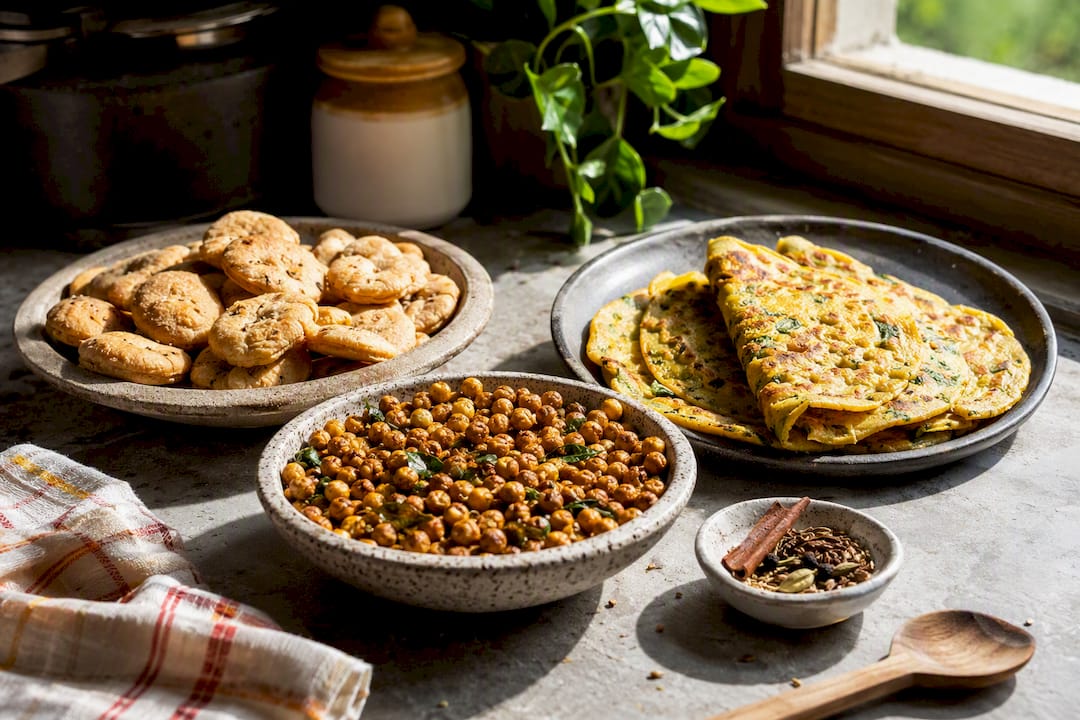Homemade Indian snacks on kitchen countertop