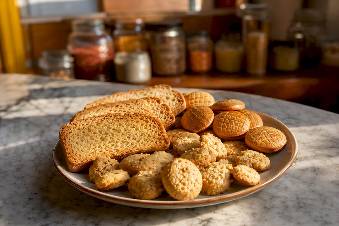 Close-up of assorted Indian biscuits showing texture