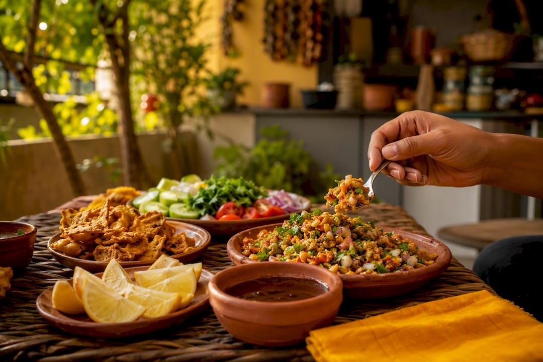 Colorful Indian spicy snacks on platter with hand garnishing