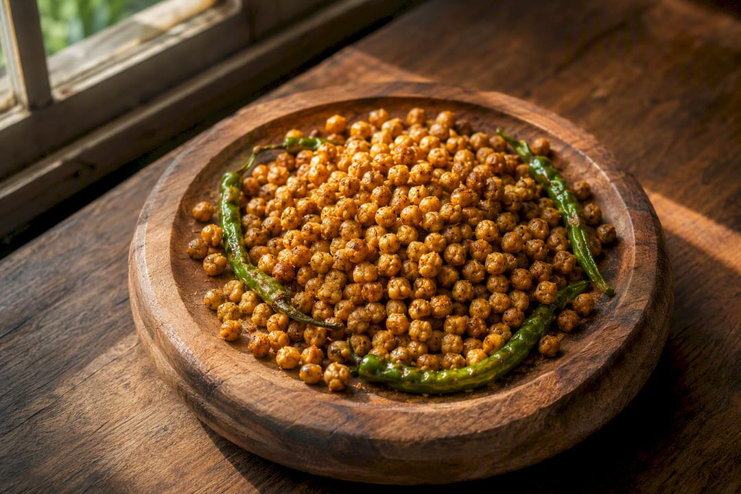 Bowl of golden roasted chana on rustic wood