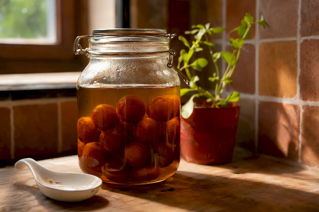 Canned gulab jamun soaking in golden syrup