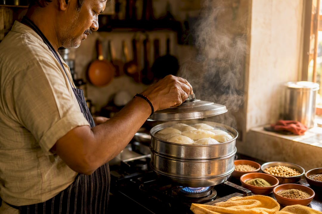 Soft Indian snacks steaming in kitchen