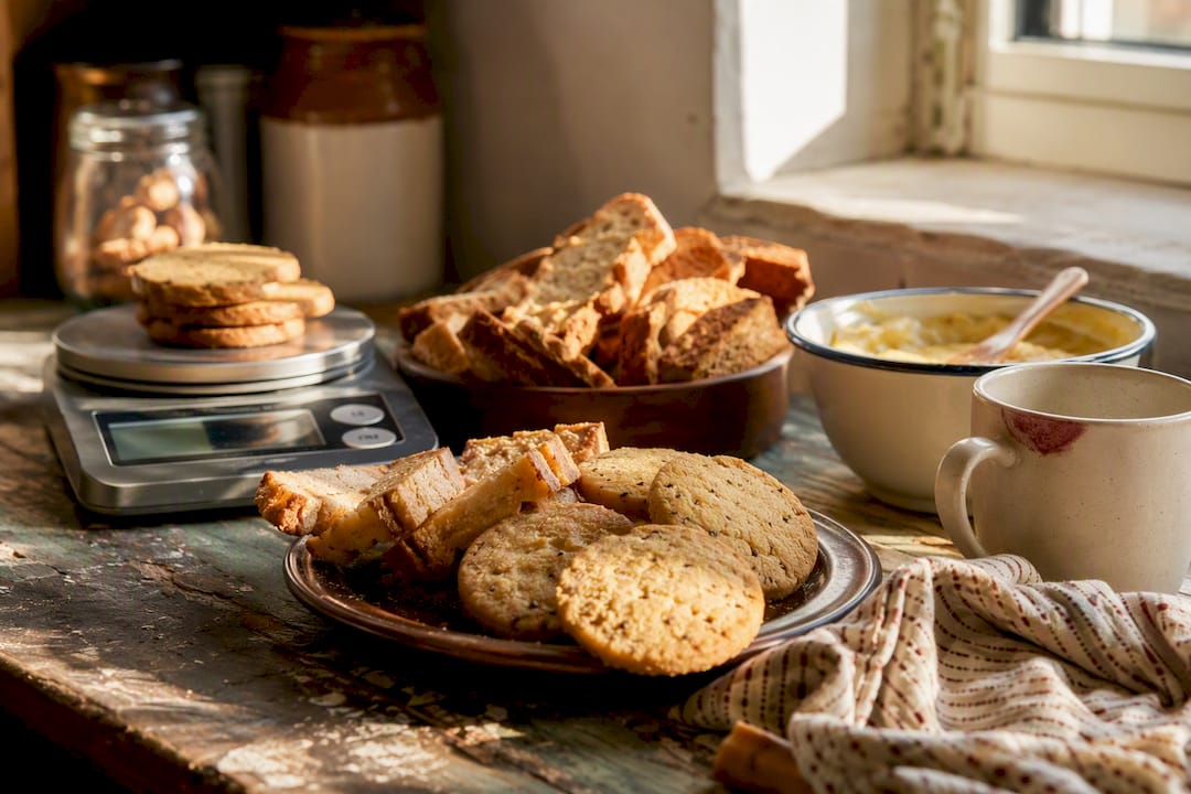 Assorted tea biscuits on table with kitchen scale