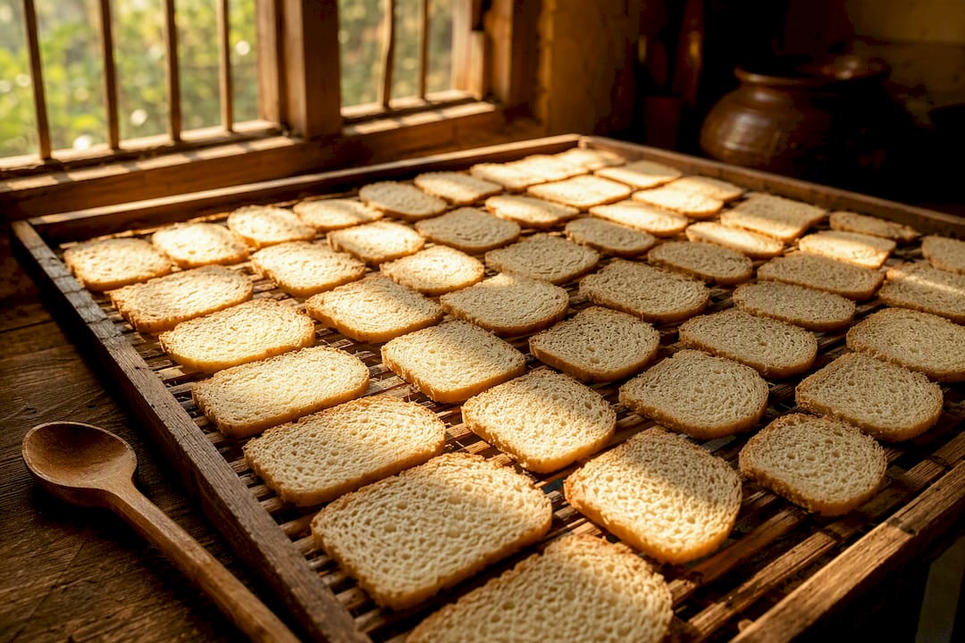 Thin suji rusk slices drying on wooden rack