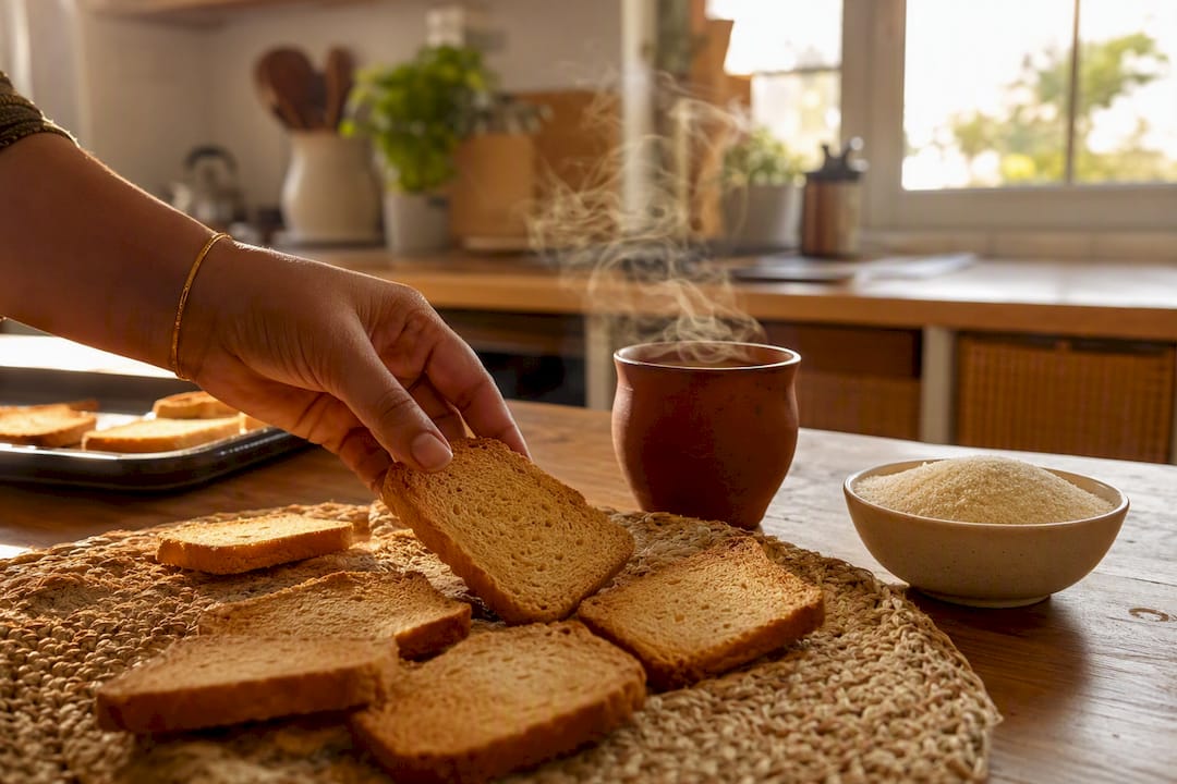 Freshly sliced suji rusk on clay plate with chai