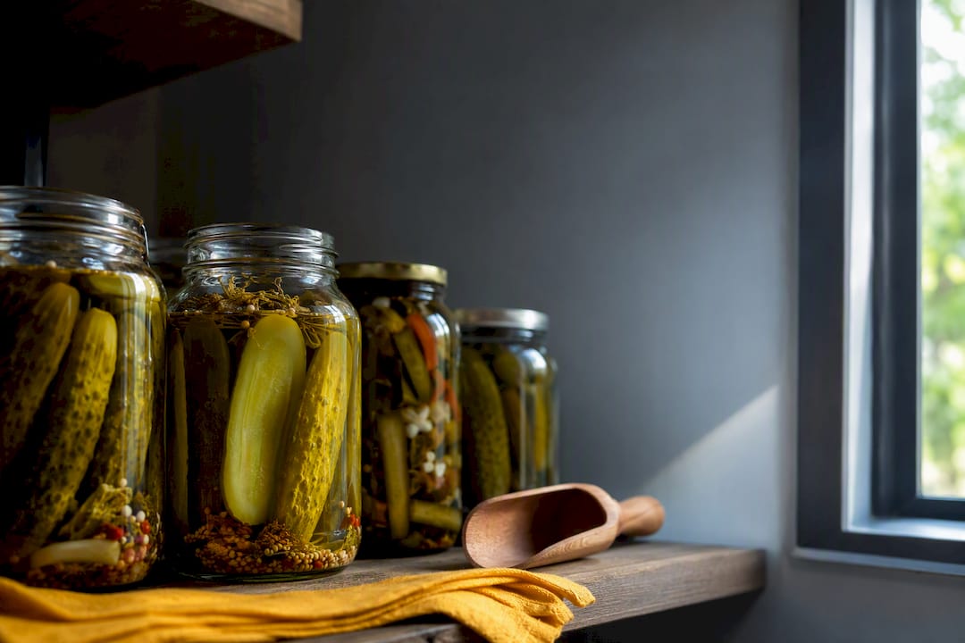 Pickle jars stored on a dark pantry shelf