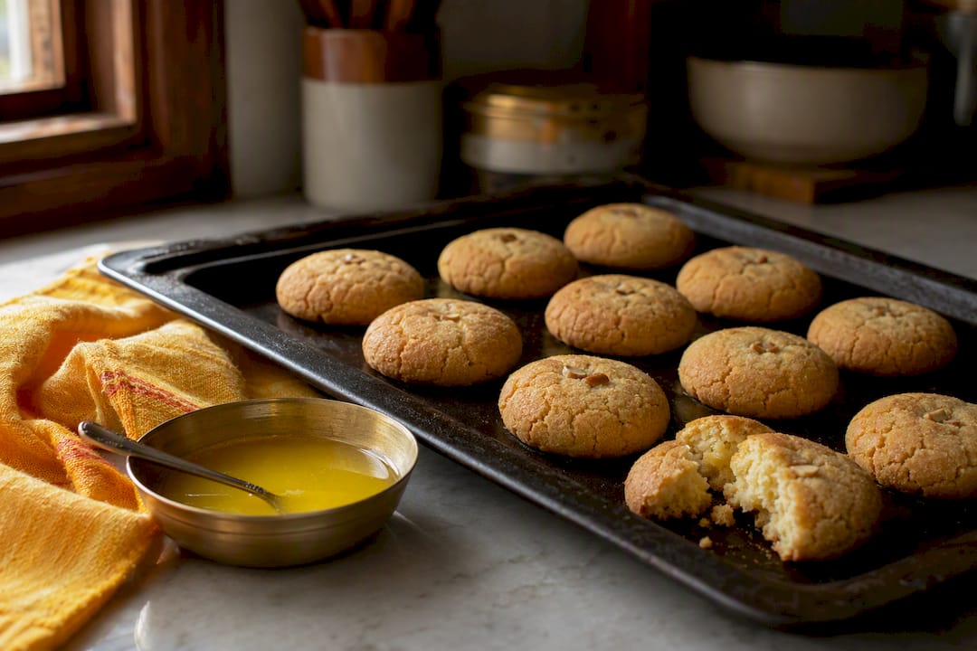 Fresh cracked nankhatai cookies on baking tray