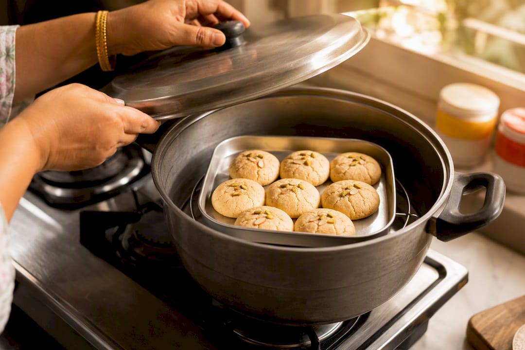 Nankhatai baking in covered stovetop pan