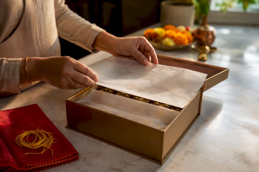 Hands packing cooled Diwali sweets with parchment