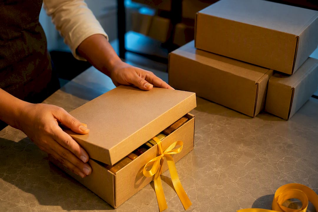 Hands packing corporate sweets gift boxes