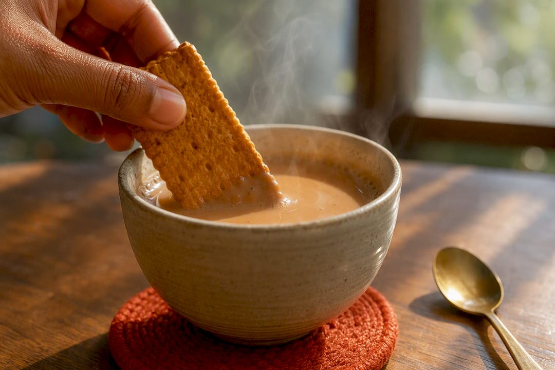 Biscuit dipped into masala chai