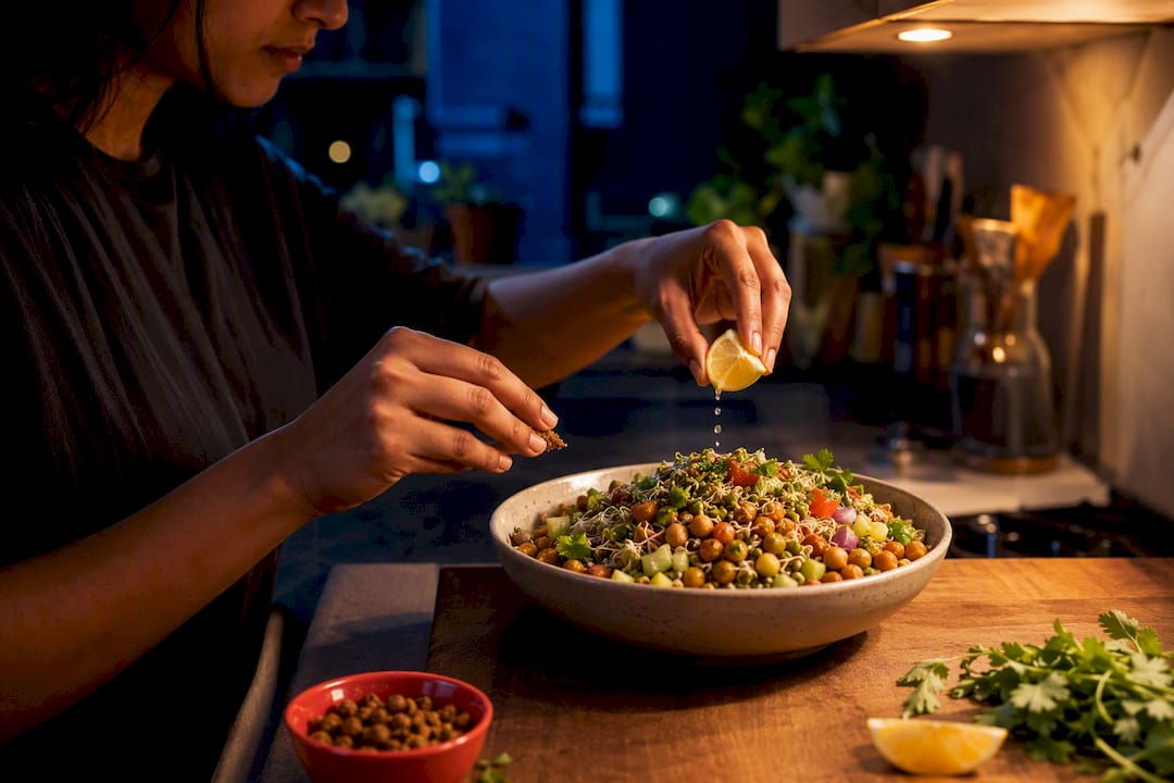 Sprout chaat prepared for late night snacking